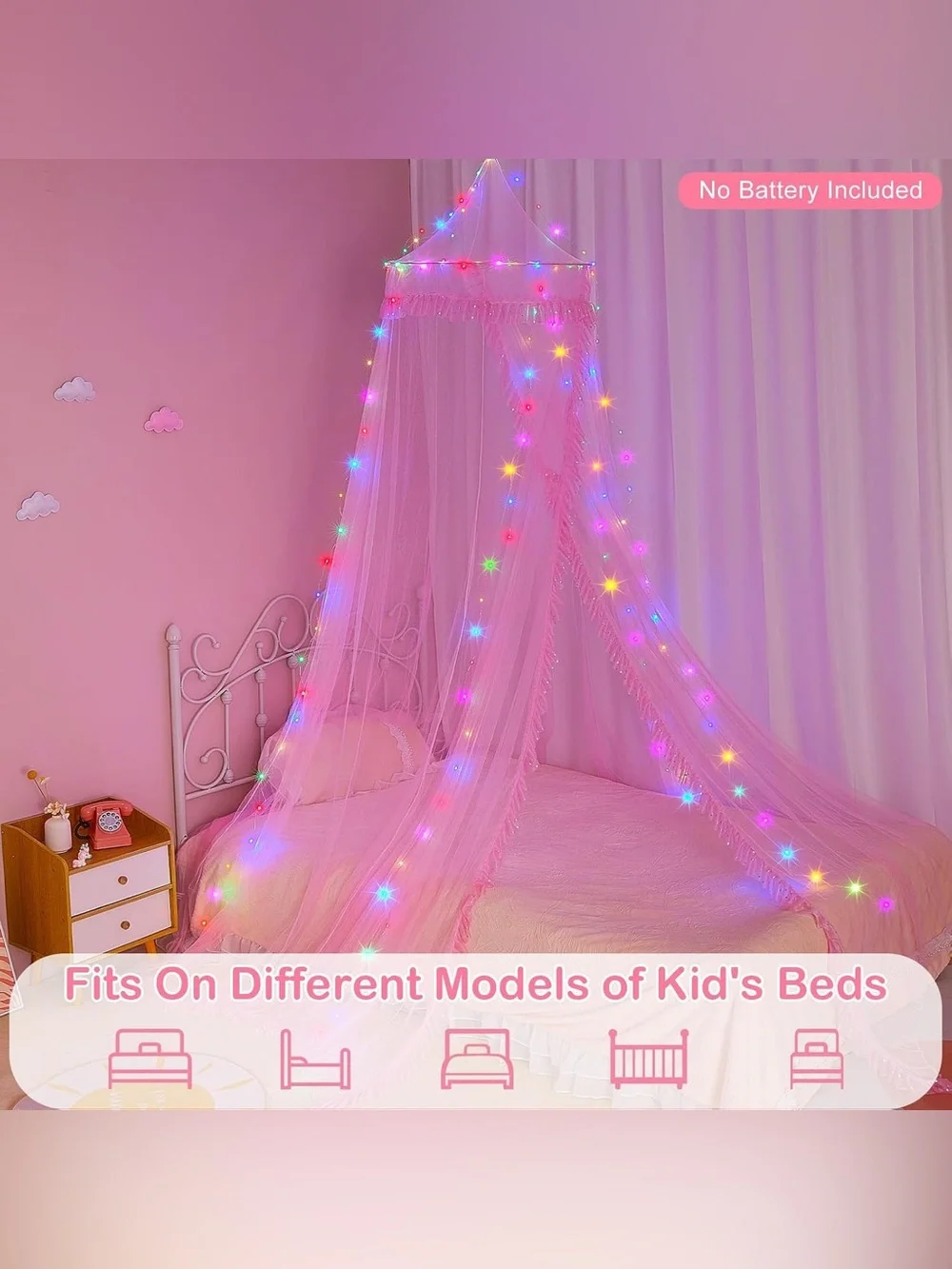 Pink Canopy Bed Net with Multicolor with LED Lights